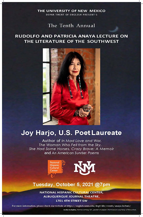 Flyer explaining all the information for the now passed Joy Harjo lecture